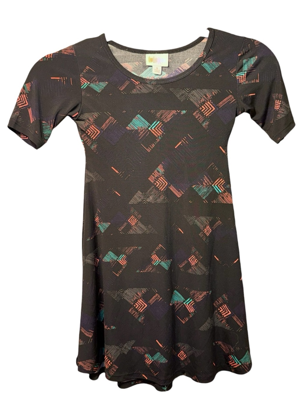 LuLaRoe Black Kids Dress with Teal and Coral Geometric Accents Sz 6